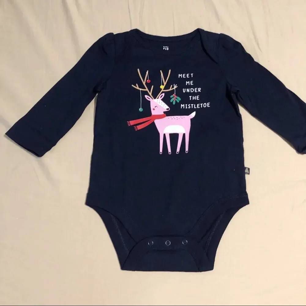 NWT Gap Size 6-12M Navy and Pink Reindeer Graphic Baby Girls Bodysuit